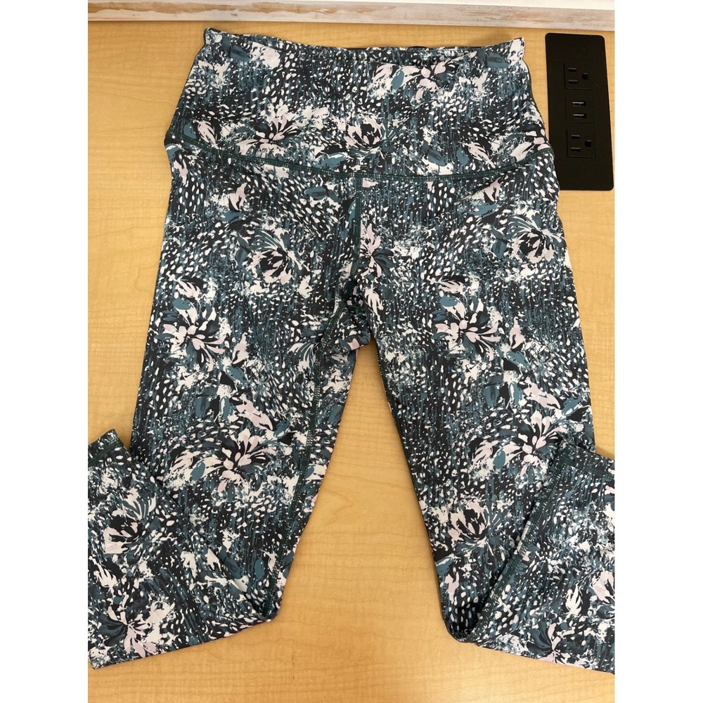 Gaiam Womens Floral High Waisted Yoga Leggings Teal White Black Size Small